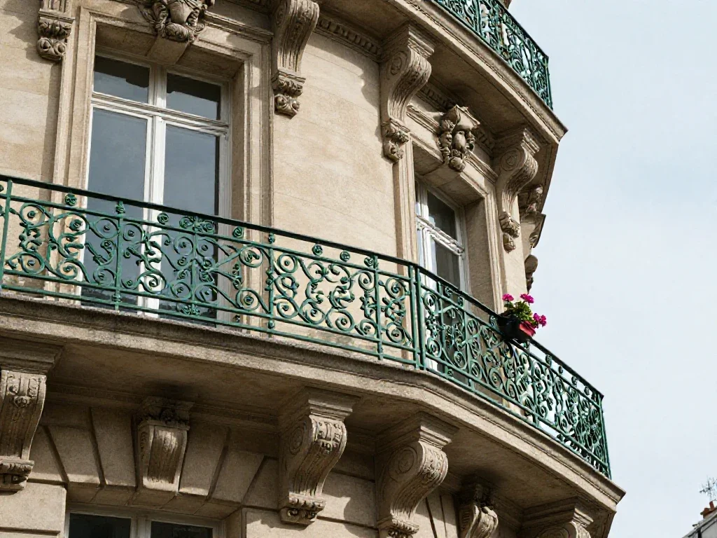 Angle insolite d'une façade ancienne révélant des détails architecturaux et un balcon vert sombre.