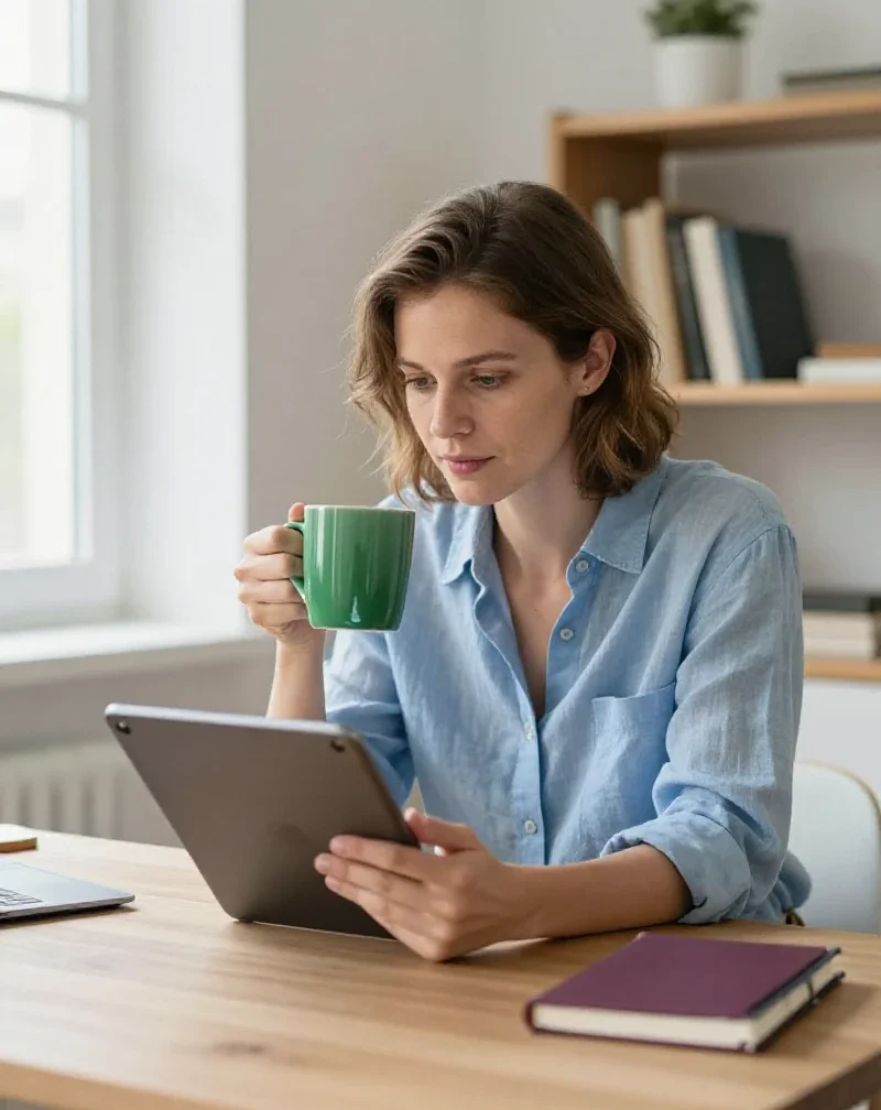 Femme réfléchie consultant une tablette pour s'informer avant de prendre une décision éclairée.