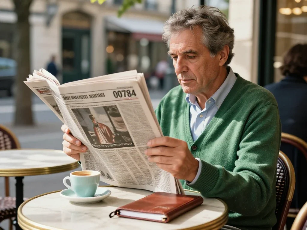 Lecteur en terrasse examinant son journal, portant un regard curieux sur une information familière.