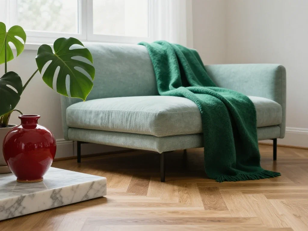 Salon contemporain vu sous un angle original, mettant en valeur des textures et objets familiers.